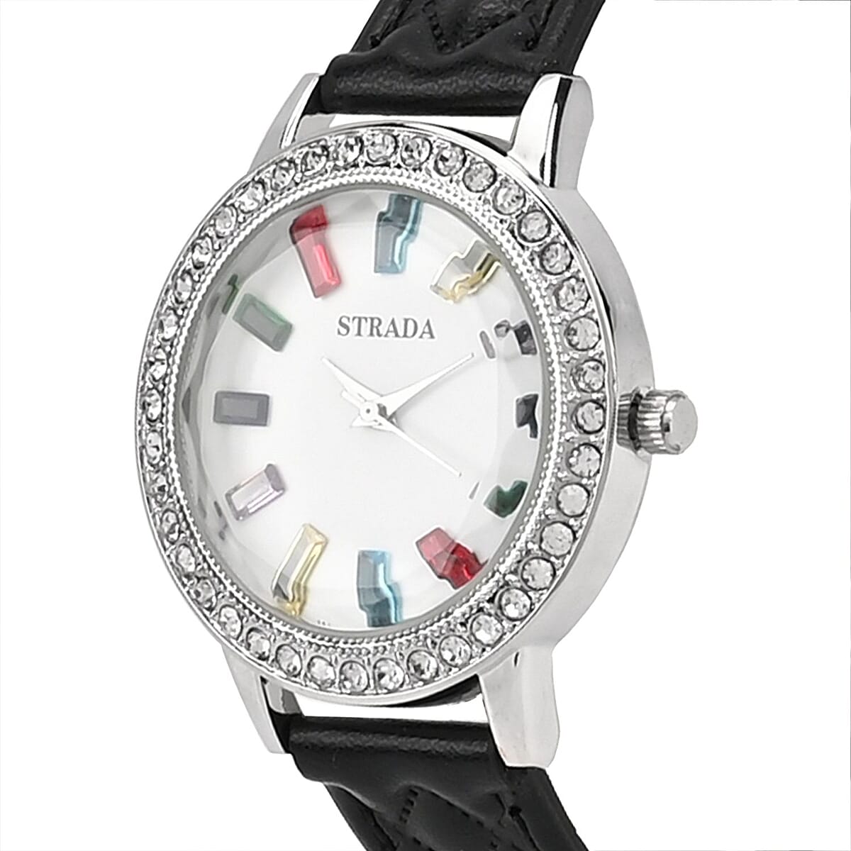 Strada Austrian Crystal & Multi Color Glass Japanese Movement Watch in Silvertone with Black Faux Leather Strap (36.06 mm) (7.00-8.5mm) image number 3
