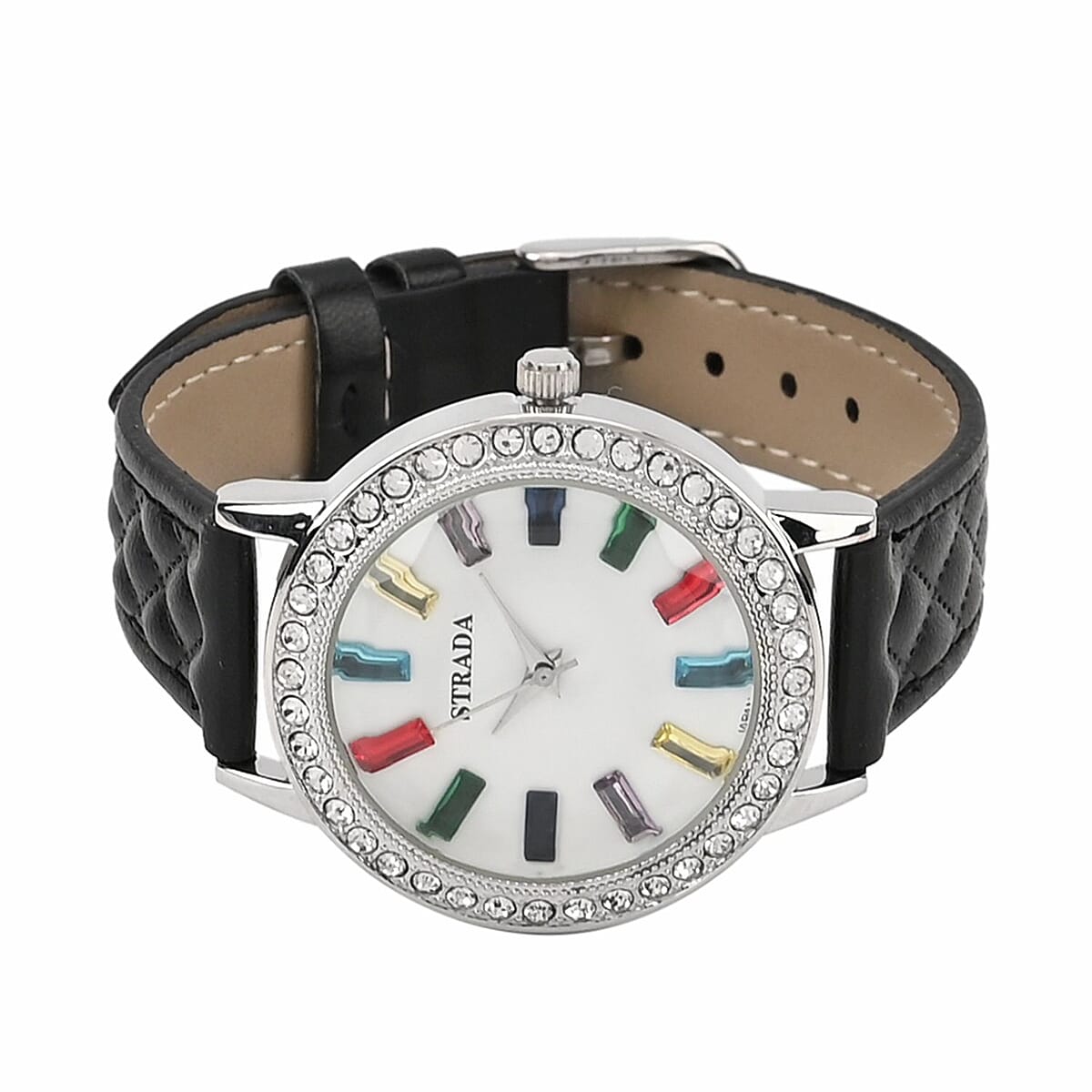 Strada Austrian Crystal & Multi Color Glass Japanese Movement Watch in Silvertone with Black Faux Leather Strap (36.06 mm) (7.00-8.5mm) image number 4