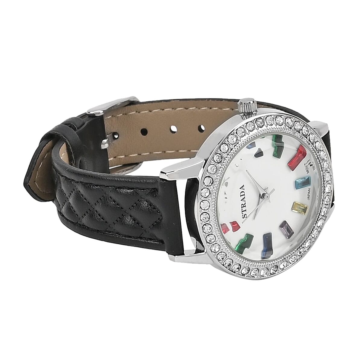 Strada Austrian Crystal & Multi Color Glass Japanese Movement Watch in Silvertone with Black Faux Leather Strap (36.06 mm) (7.00-8.5mm) image number 5