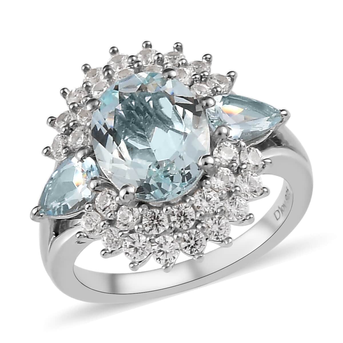 Premium Mangoro Aquamarine, White Zircon Cocktail Ring in Platinum Over Sterling Silver (Size 10.0) 3.85 ctw image number 0