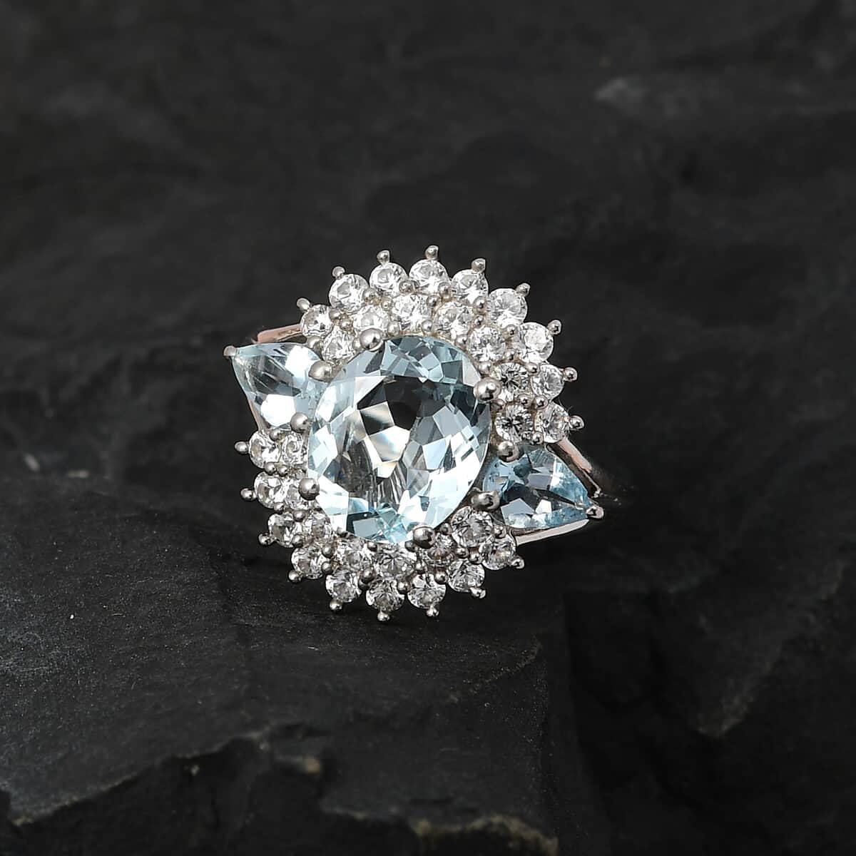 Premium Mangoro Aquamarine, White Zircon Cocktail Ring in Platinum Over Sterling Silver (Size 10.0) 3.85 ctw image number 1