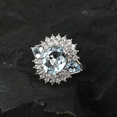 Premium Mangoro Aquamarine and White Zircon Cocktail Ring in Platinum Over Sterling Silver (Size 10.0) 3.85 ctw
