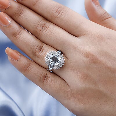 Premium Mangoro Aquamarine and White Zircon Cocktail Ring in Platinum Over Sterling Silver (Size 10.0) 3.85 ctw