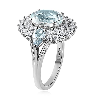 Premium Mangoro Aquamarine and White Zircon Cocktail Ring in Platinum Over Sterling Silver (Size 10.0) 3.85 ctw