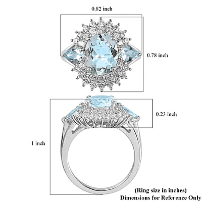 Premium Mangoro Aquamarine and White Zircon Cocktail Ring in Platinum Over Sterling Silver (Size 10.0) 3.85 ctw
