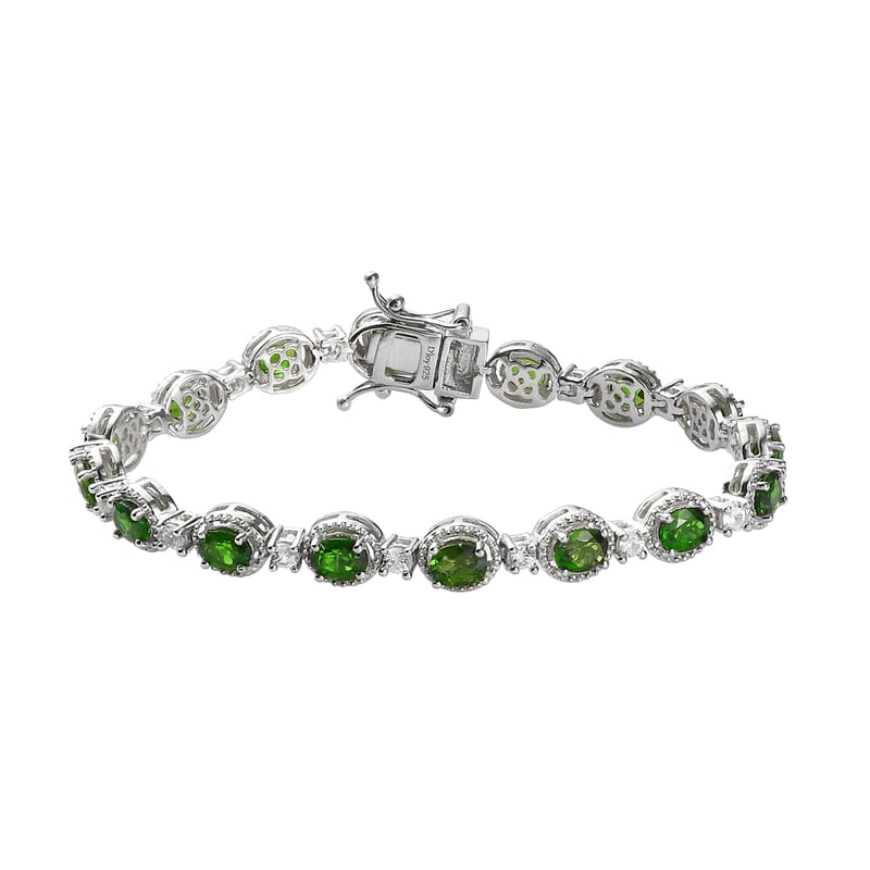 Natural Chrome Diopside and Natural White Zircon Link Bracelet in Platinum Over Sterling Silver (6.50 In) 7.75 ctw