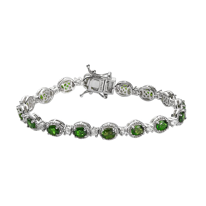Natural Chrome Diopside and Natural White Zircon Link Bracelet in Platinum Over Sterling Silver (6.50 In) 7.75 ctw