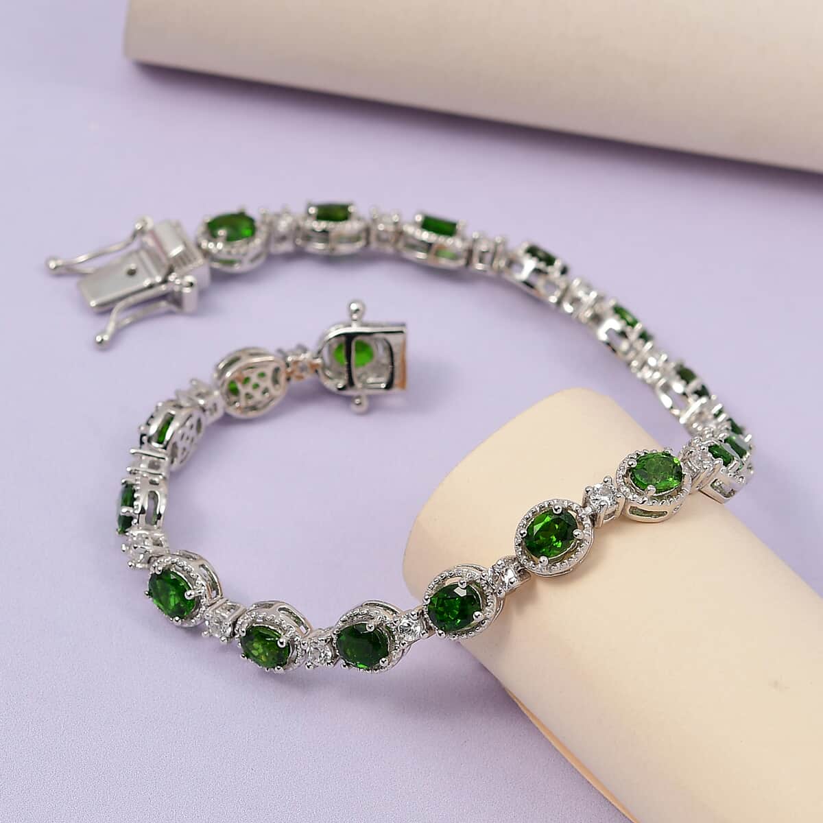 Natural Chrome Diopside and Natural White Zircon Link Bracelet in Platinum Over Sterling Silver (6.50 In) 11.85 Grams 7.75 ctw image number 1