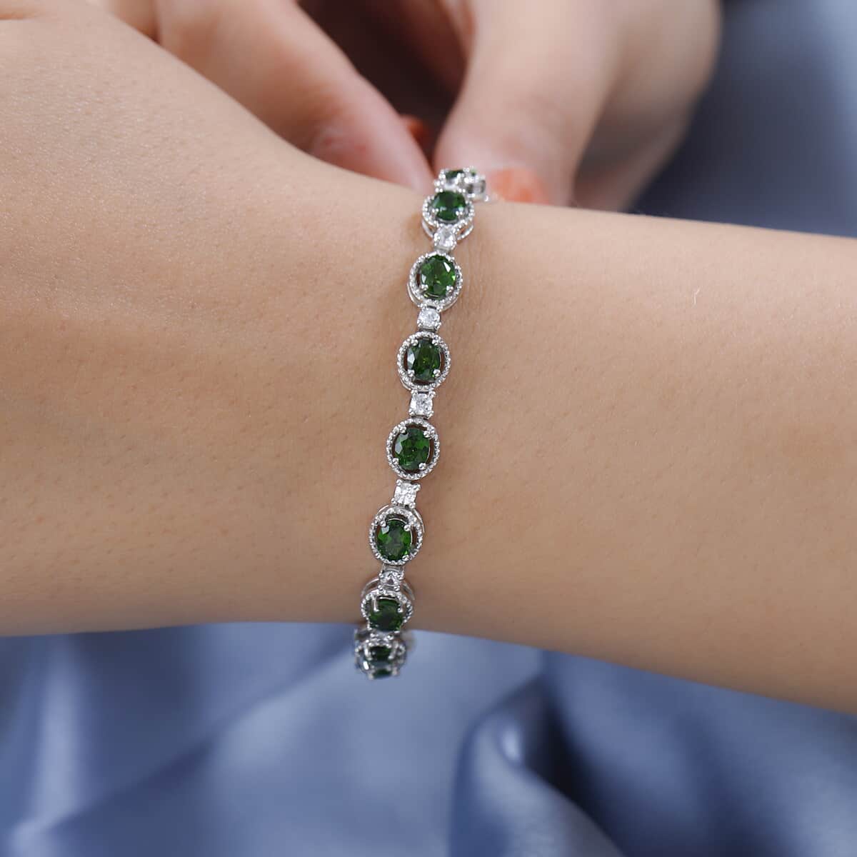 Natural Chrome Diopside and Natural White Zircon Link Bracelet in Platinum Over Sterling Silver (6.50 In) 11.85 Grams 7.75 ctw image number 2