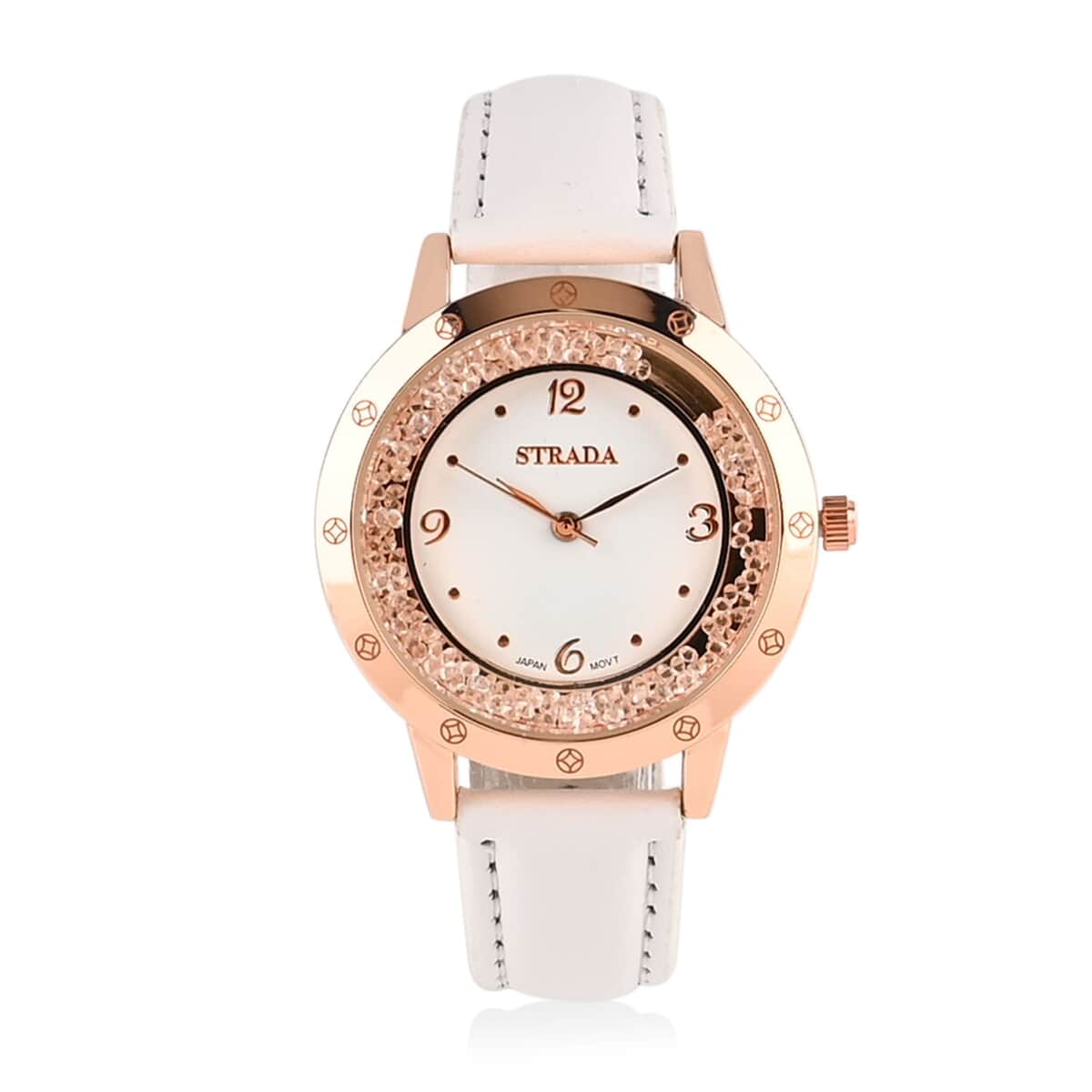 Strada White Austrian Crystal Japanese Movement Watch in Rosetone with White Faux Leather Strap (35.56mm) (6.75-8.5 Inches) image number 0