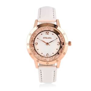 Strada White Austrian Crystal Japanese Movement Watch in Rosetone with White Faux Leather Strap (35.56mm) (6.75-8.5 Inches)