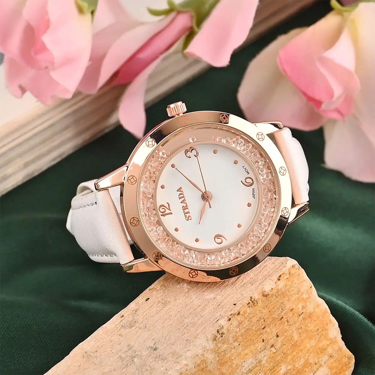 Strada White Austrian Crystal Japanese Movement Watch in Rosetone with White Faux Leather Strap (35.56mm) (6.75-8.5 Inches)