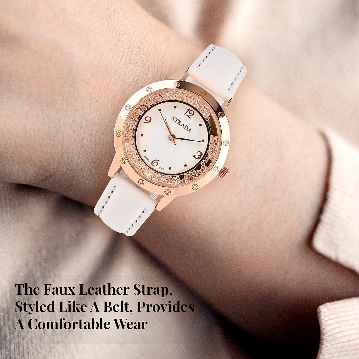 Strada White Austrian Crystal Japanese Movement Watch in Rosetone with White Faux Leather Strap (35.56mm) (6.75-8.5 Inches)
