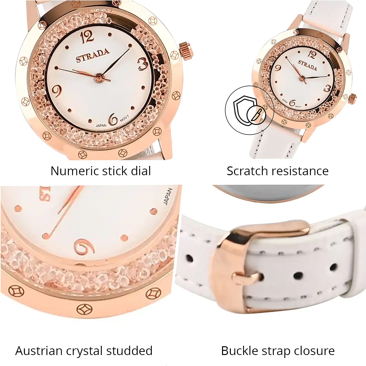 Strada White Austrian Crystal Japanese Movement Watch in Rosetone with White Faux Leather Strap (35.56mm) (6.75-8.5 Inches)