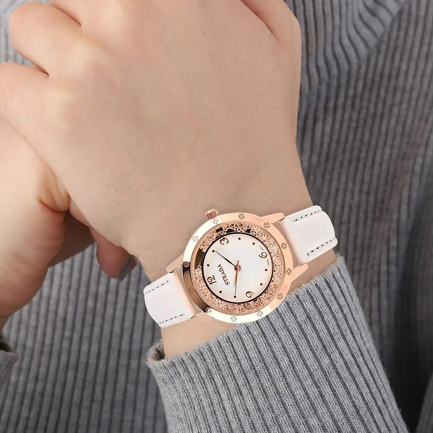 Strada White Austrian Crystal Japanese Movement Watch in Rosetone with White Faux Leather Strap (35.56mm) (6.75-8.5 Inches)