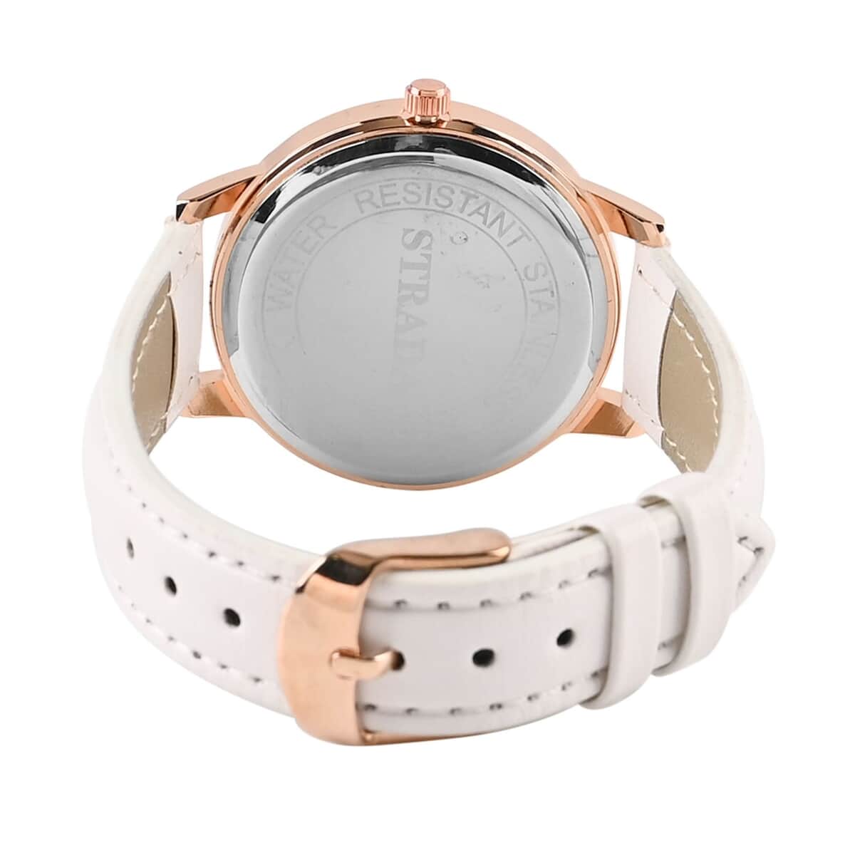 Strada White Austrian Crystal Japanese Movement Watch in Rosetone with White Faux Leather Strap (35.56mm) (6.75-8.5 Inches) image number 6