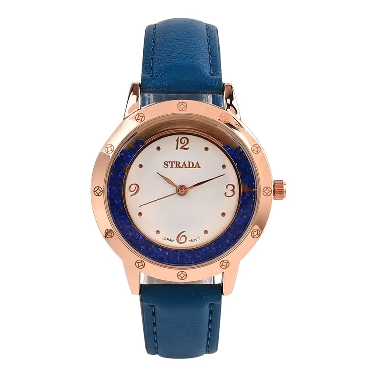 Strada Blue Austrian Crystal Japanese Movement Watch in Rosetone with Blue Faux Leather Strap (35.56mm) (6.75-8.5 Inches) image number 0