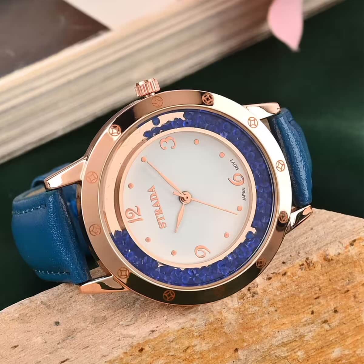 Strada Blue Austrian Crystal Japanese Movement Watch in Rosetone with Blue Faux Leather Strap (35.56mm) (6.75-8.5 Inches) image number 1