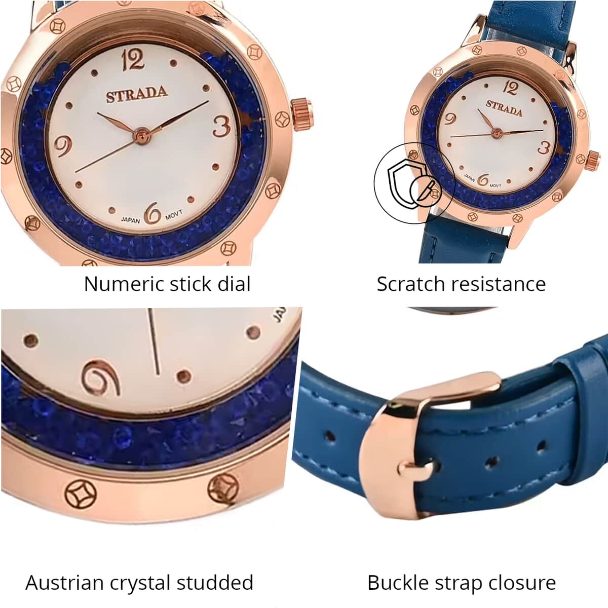 Strada Blue Austrian Crystal Japanese Movement Watch in Rosetone with Blue Faux Leather Strap (35.56mm) (6.75-8.5 Inches) image number 3