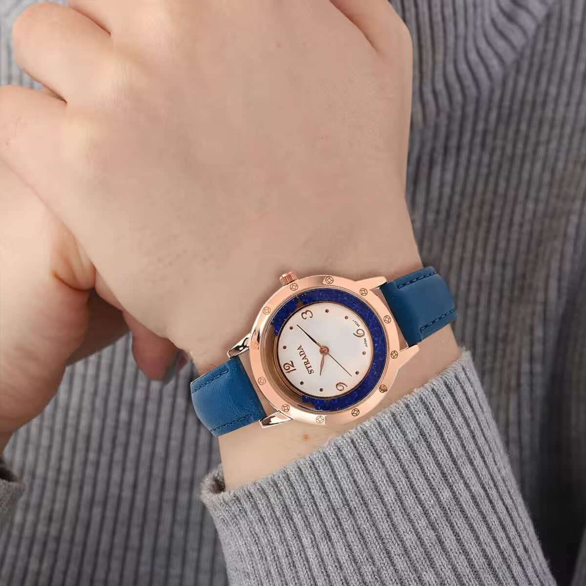 Strada Blue Austrian Crystal Japanese Movement Watch in Rosetone with Blue Faux Leather Strap (35.56mm) (6.75-8.5 Inches) image number 5