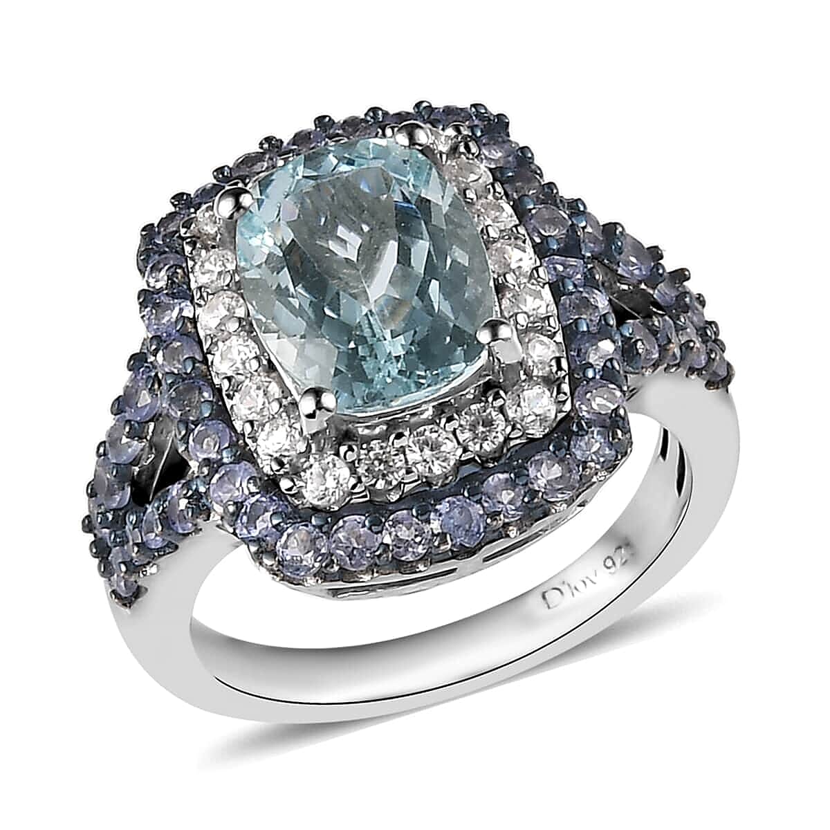 Premium Mangoro Aquamarine, Multi Gemstone Cocktail Ring in Rhodium & Platinum Over Sterling Silver (Size 10.0) 3.65 ctw image number 0