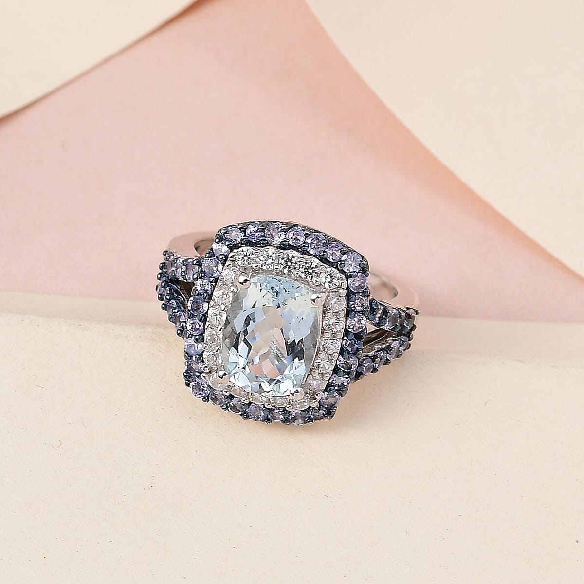 Premium Mangoro Aquamarine, Multi Gemstone Cocktail Ring in Rhodium & Platinum Over Sterling Silver (Size 10.0) 3.65 ctw image number 1