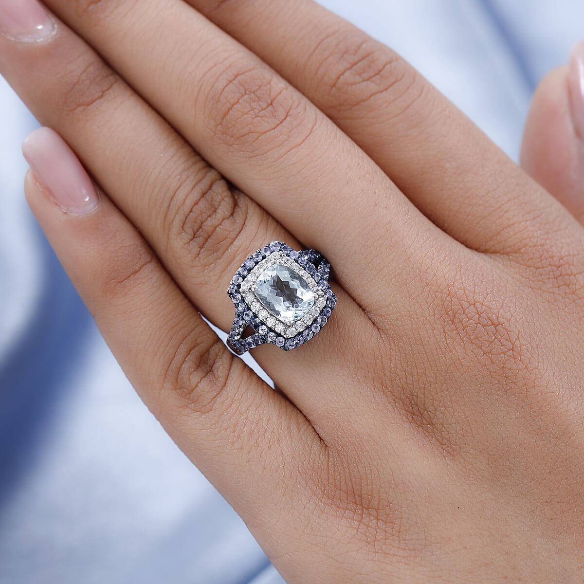 Premium Mangoro Aquamarine, Multi Gemstone Cocktail Ring in Rhodium & Platinum Over Sterling Silver (Size 10.0) 3.65 ctw image number 2