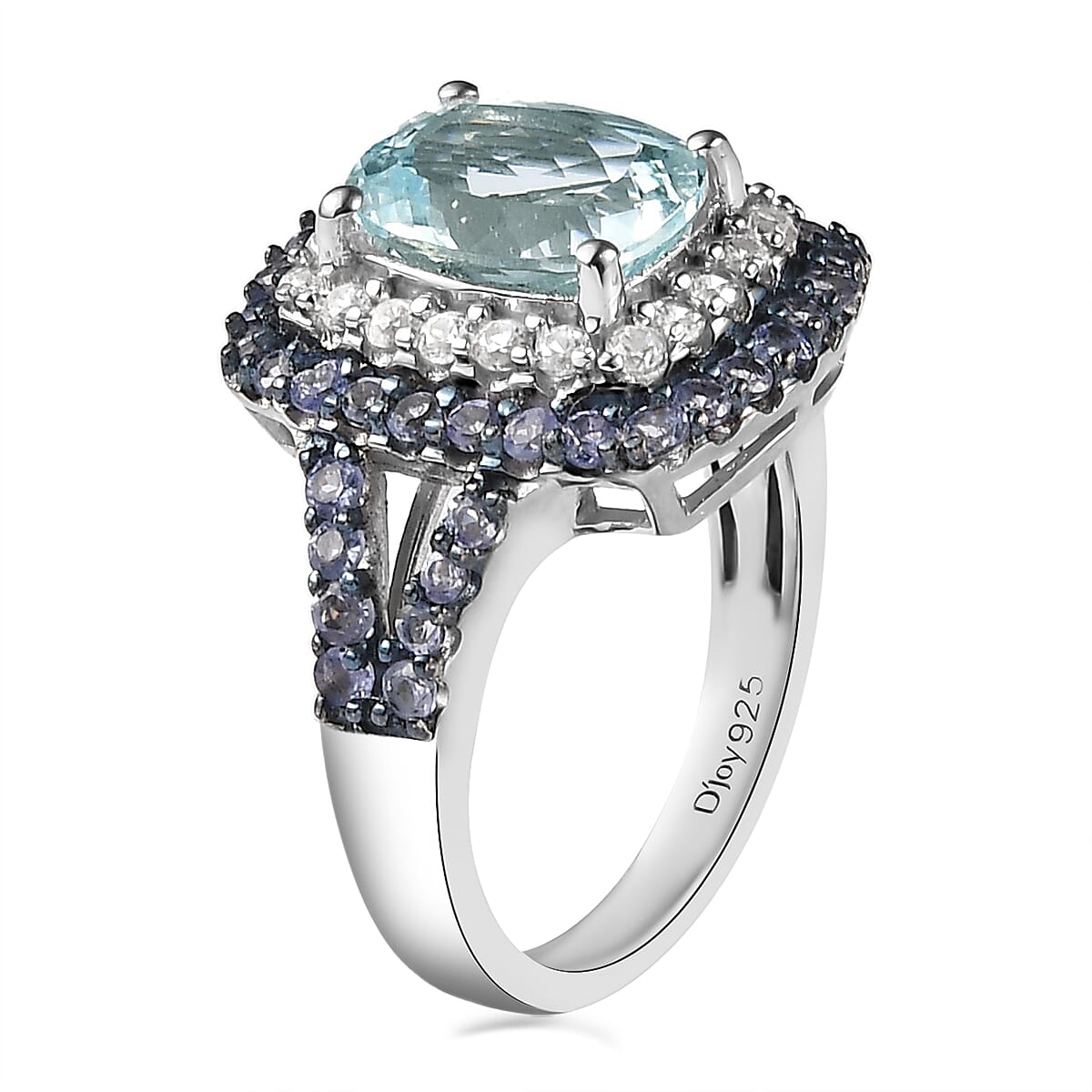Premium Mangoro Aquamarine, Multi Gemstone Cocktail Ring in Rhodium & Platinum Over Sterling Silver (Size 10.0) 3.65 ctw image number 3