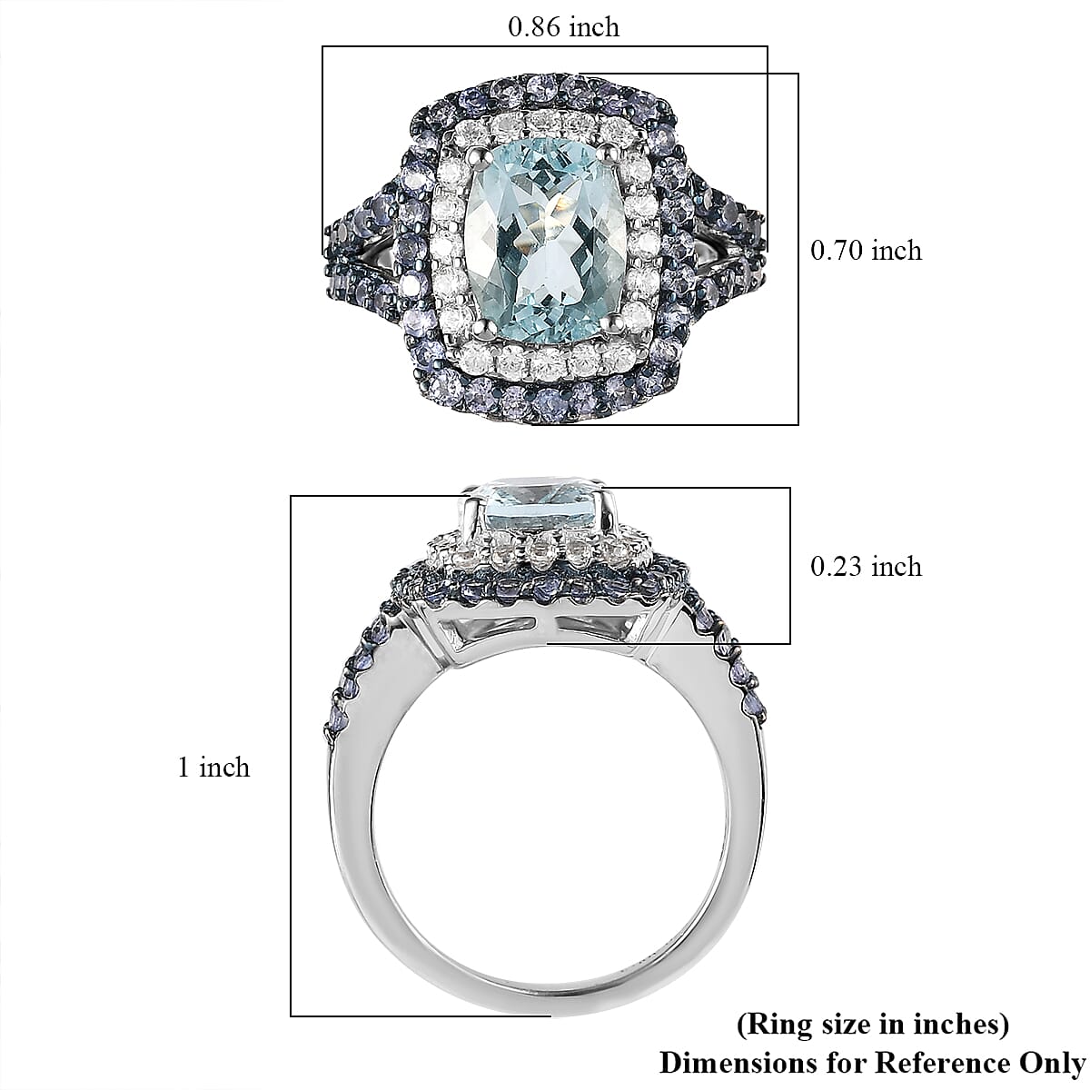 Premium Mangoro Aquamarine, Multi Gemstone Cocktail Ring in Rhodium & Platinum Over Sterling Silver (Size 10.0) 3.65 ctw image number 5