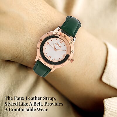 Strada Neon Green Austrian Crystal Japanese Movement Watch in Rosetone with Green Faux Leather Strap (35.56mm) (6.75-8.5 Inches)