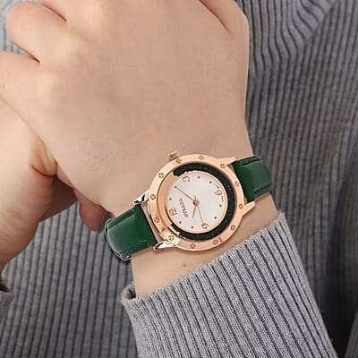 Strada Neon Green Austrian Crystal Japanese Movement Watch in Rosetone with Green Faux Leather Strap (35.56mm) (6.75-8.5 Inches)