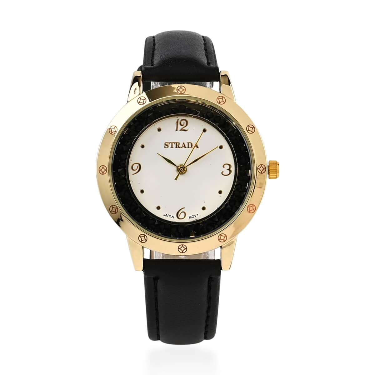 Strada Black Austrian Crystal Japanese Movement Watch in Goldtone with Black Faux Leather Strap (35.56mm) (6.75-8.5 Inches) image number 0