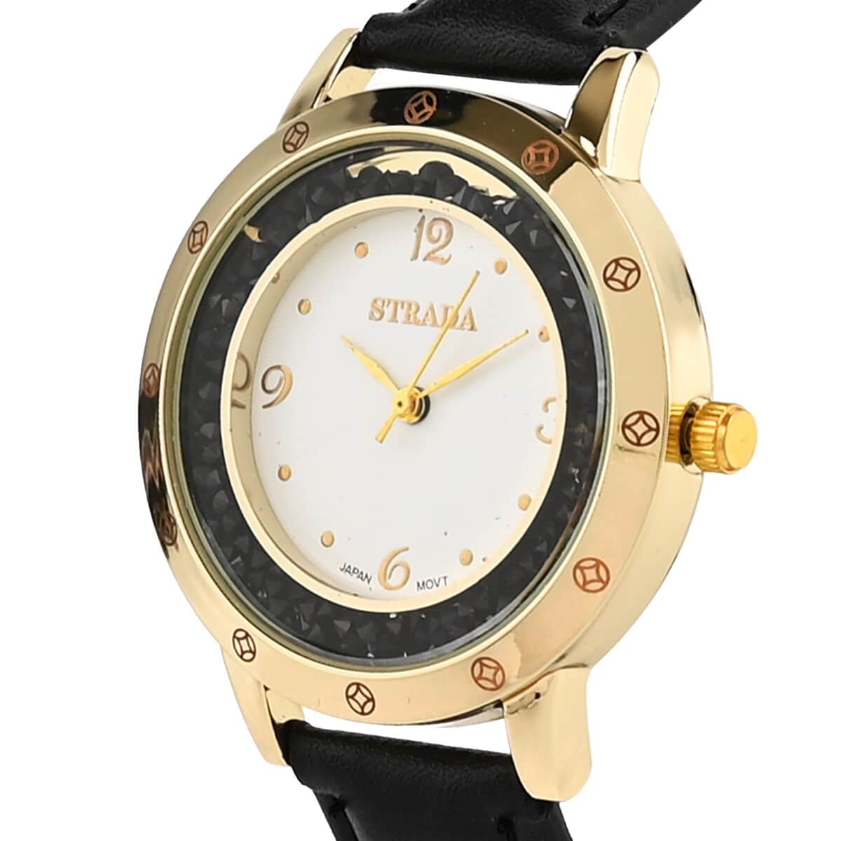 Strada Black Austrian Crystal Japanese Movement Watch in Goldtone with Black Faux Leather Strap (35.56mm) (6.75-8.5 Inches) image number 3