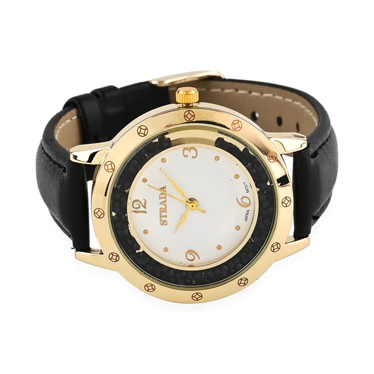 Strada Black Austrian Crystal Japanese Movement Watch in Goldtone with Black Faux Leather Strap (35.56mm) (6.75-8.5 Inches) image number 4