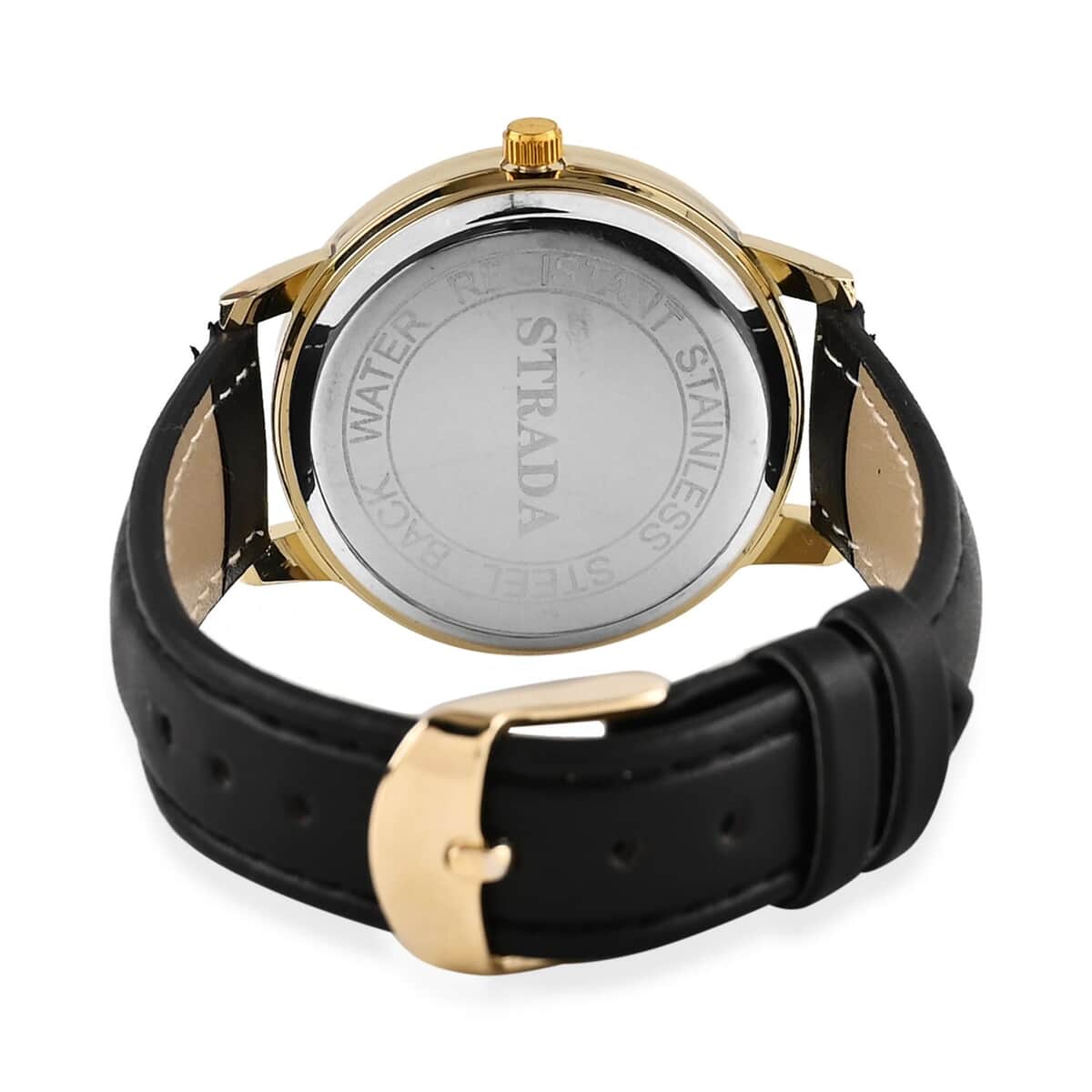 Strada Black Austrian Crystal Japanese Movement Watch in Goldtone with Black Faux Leather Strap (35.56mm) (6.75-8.5 Inches) image number 6