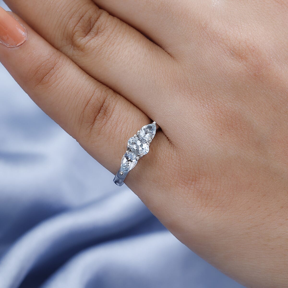 Premium Madagascar Aquamarine 3 Stone Ring in Platinum Over Sterling Silver (Size 7.0) 1.10 ctw image number 2