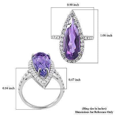 Lusaka Amethyst and White Zircon Pear Shape Halo Ring in Platinum Over Sterling Silver (Size 10.0) 8.25 ctw