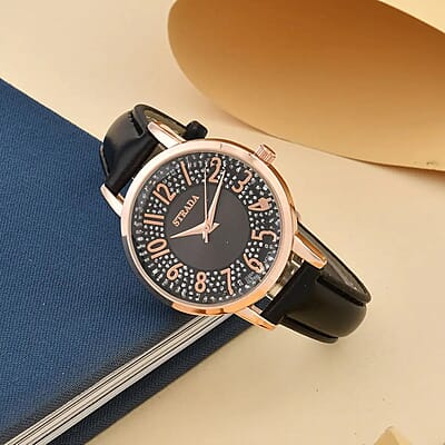 Strada Japanese Movement Watch in Rosetone with Black Faux Leather Strap (35.05mm) (6.25-8 In)