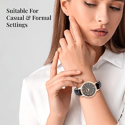 Strada Japanese Movement Watch in Rosetone with Black Faux Leather Strap (35.05mm) (6.25-8 In)
