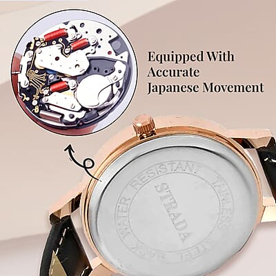 Strada Japanese Movement Watch in Rosetone with Black Faux Leather Strap (35.05mm) (6.25-8 In)