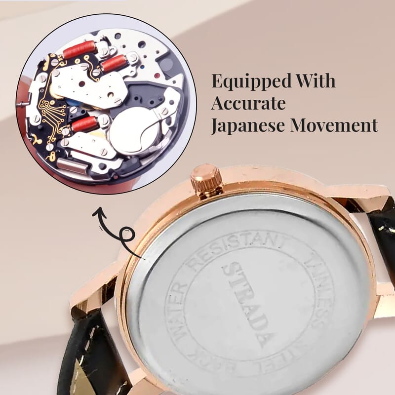 Strada Japanese Movement Watch in Rosetone with Black Faux Leather Strap (35.05mm) (6.25-8 In)