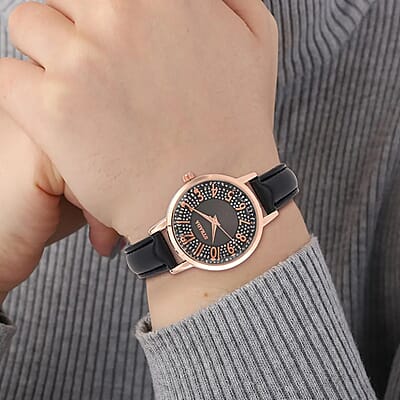 Strada Japanese Movement Watch in Rosetone with Black Faux Leather Strap (35.05mm) (6.25-8 In)