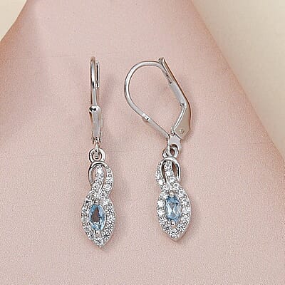 Santa Maria Aquamarine and White Zircon Earrings in Platinum Over Sterling Silver 0.60 ctw
