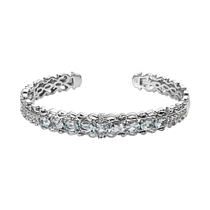 Premium Espirito Santo Aquamarine and White Zircon Cuff Bracelet in Platinum Over Sterling Silver (7.25 In) 4.50 ctw