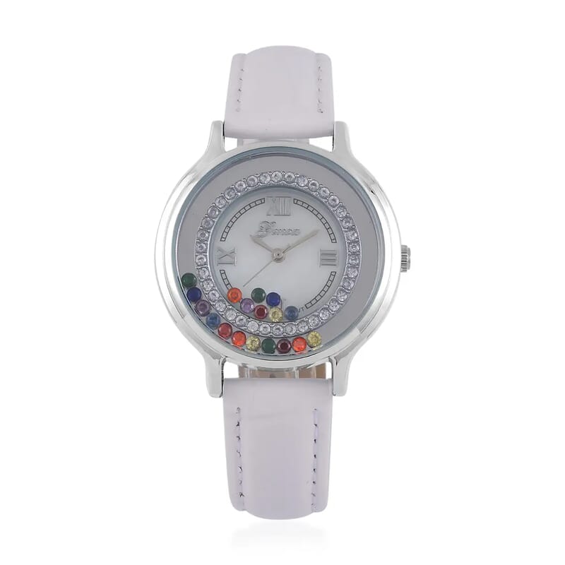 Genoa Simulated Multi Color Diamond Miyota Japanese Movement Watch with White Genuine Leather Strap (36mm) (6.0-8.0 Inches) 0.30 ctw