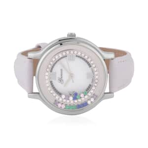 Genoa Simulated Multi Color Diamond Miyota Japanese Movement Watch with White Genuine Leather Strap (36mm) (6.0-8.0 Inches) 0.30 ctw