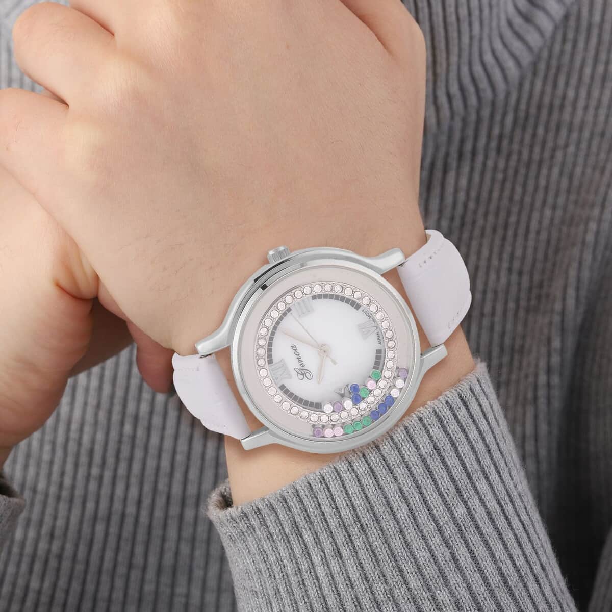Genoa Simulated Multi Color Diamond Miyota Japanese Movement Watch with White Genuine Leather Strap (36mm) (6.0-8.0 Inches) 0.30 ctw image number 2