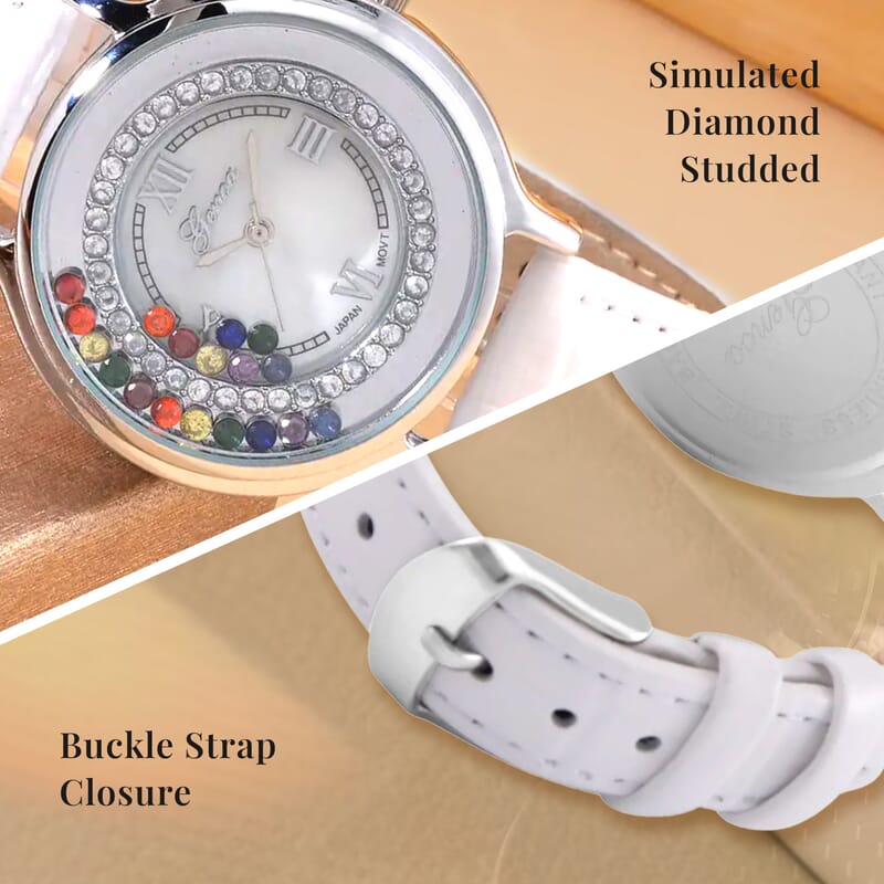 Genoa Simulated Multi Color Diamond Miyota Japanese Movement Watch with White Genuine Leather Strap (36mm) (6.0-8.0 Inches) 0.30 ctw