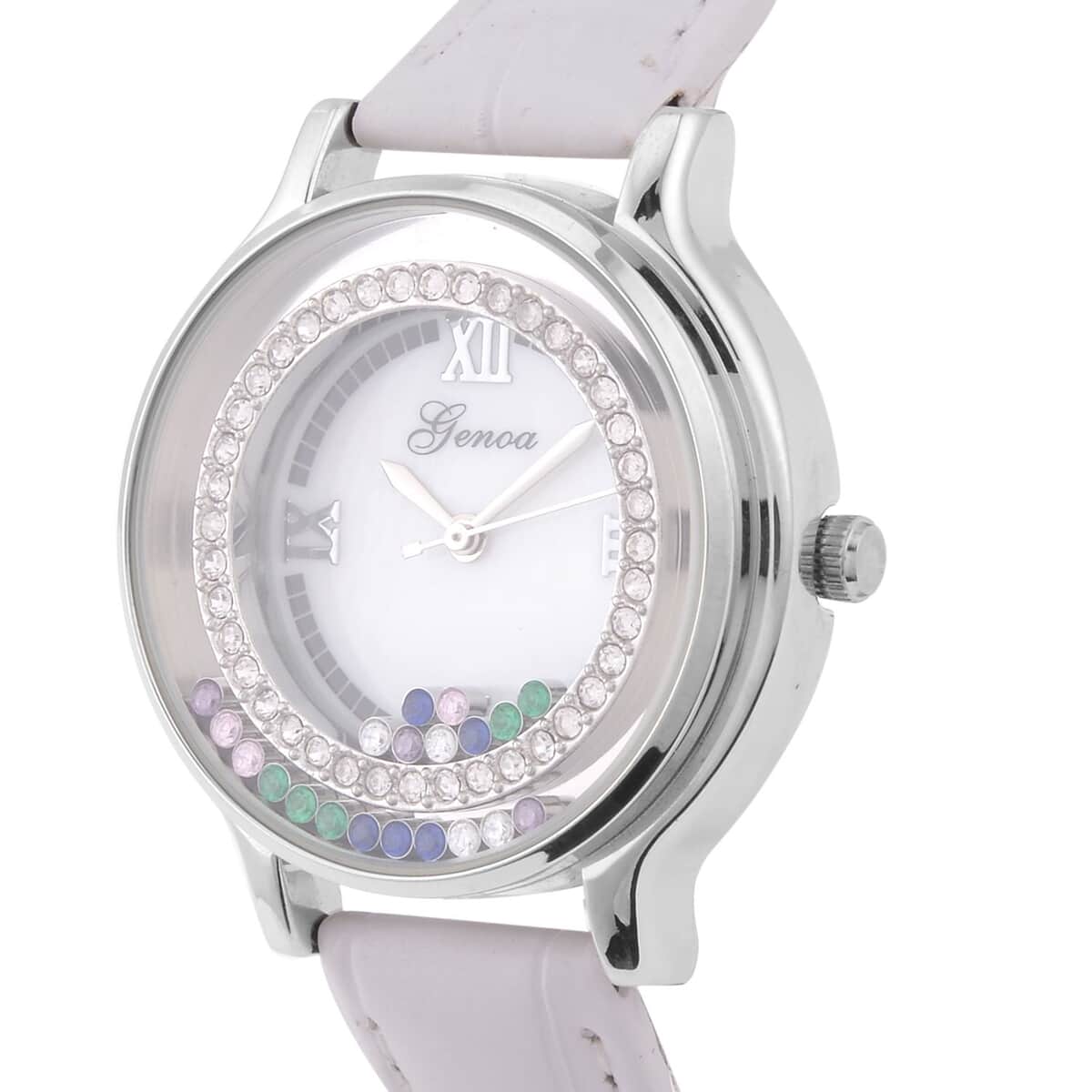 Genoa Simulated Multi Color Diamond Miyota Japanese Movement Watch with White Genuine Leather Strap (36mm) (6.0-8.0 Inches) 0.30 ctw image number 3