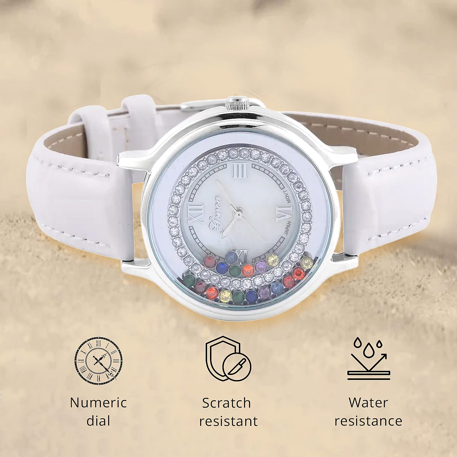 Genoa Simulated Multi Color Diamond Miyota Japanese Movement Watch with White Genuine Leather Strap (36mm) (6.0-8.0 Inches) 0.30 ctw